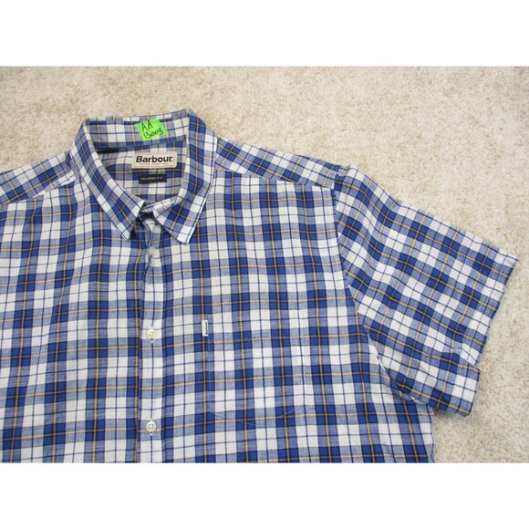 Barbour Shirt Mens Large Blue White Plaid Cotton Short Sleeve Casual Button Up - Picture 3 of 12